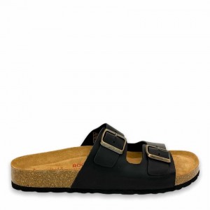 Men's Rockfish Hoby Leather Two-strap Cork Sandal Double Strap Sandals Black | EVA8898SB